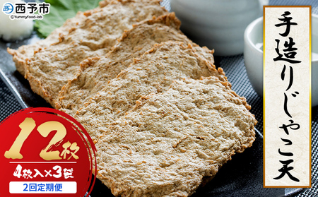 ＜手造り じゃこ天 12枚（4枚入×3袋）2回定期便＞ お魚 お惣菜 じゃこてん 天ぷら 魚肉 練り物 練り製品 小魚のすり身 珍味 おつまみ おかず お弁当 郷土料理 特産品 開洋 愛媛県 西予市【冷蔵】『2か月以内に第1回目を出荷』MJK0002