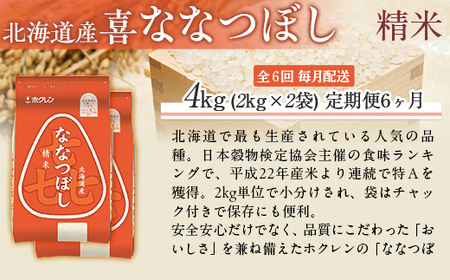 【6ヶ月定期配送】（精米4kg）ホクレン喜ななつぼし（2kg×2袋） MKWAI068