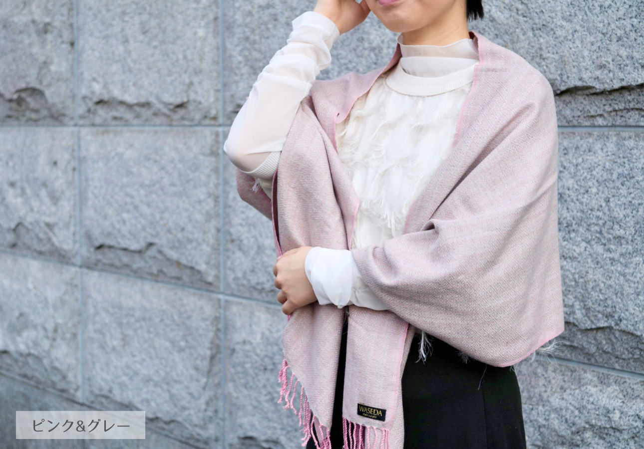 【makixmaki】ハンドメイド上質コットン ジャガード織ストール（フェアトレード） ピンク&グレー