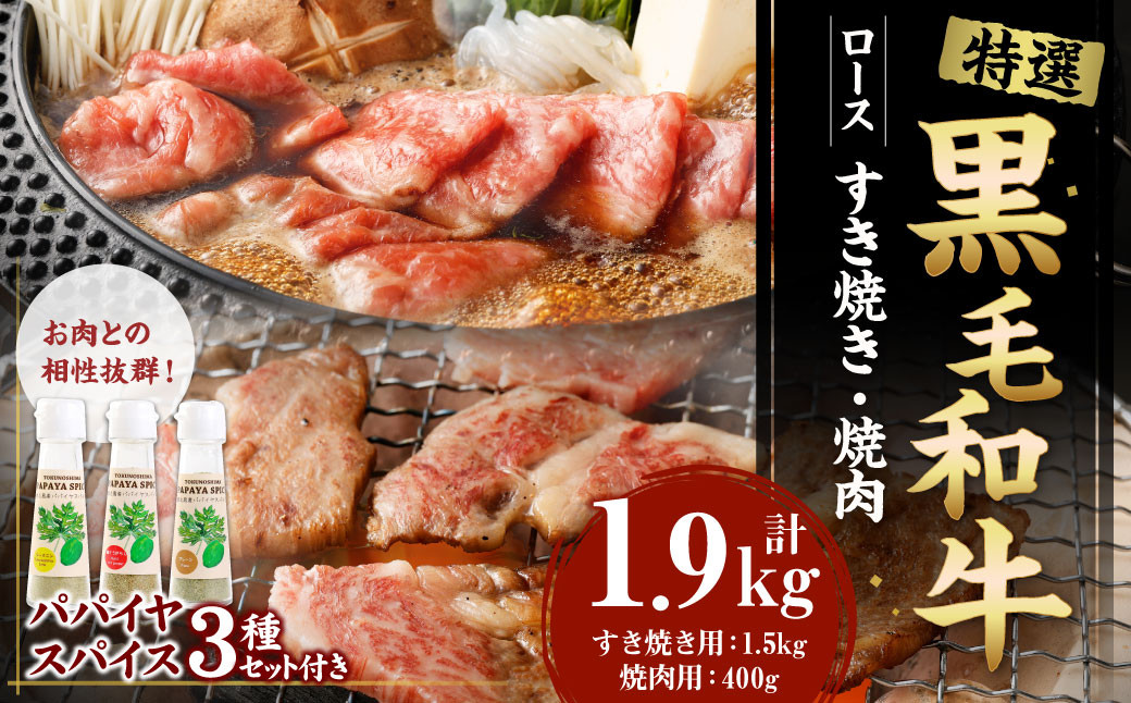 
            特選 鹿児島黒毛和牛 すき焼き 焼肉 パパイヤスパイス ３種セット Z-10 黒毛和牛 和牛 すき焼き 焼き肉 肉 牛 パパイヤ
          