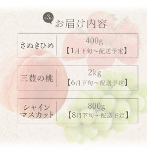 フルーツ定期便 3回 三豊市 さぬきひめいちご 400g 特大シャインマスカット 800g 三豊の桃　2kg【配送不可地域：北海道・沖縄県・離島】_M02-0208