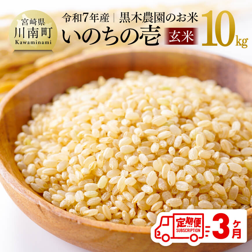 【ふるさと納税】【3ヶ月定期便】【令和7年産】黒木農園のお米「いのちの壱(玄米)」10kg- 米 お米 玄米 国産 九州産 宮崎県産 新米 いのちのいち 食物繊維 ビタミンE ビタミンB1 おにぎり 適度な粘り お届け お取り寄せ 産地直送 農家直送 送料無料 宮崎県川南町 C03226t3