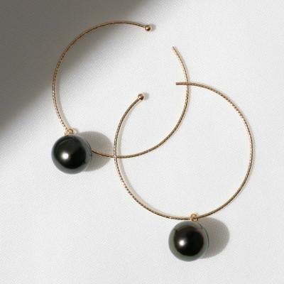 ふるさと納税 神戸市 黒蝶真珠(タヒチパール) 8mm K10 イエローゴールド フープピアス 30mm