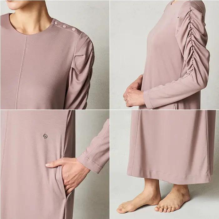 【ネイビー L】ReFa バイタルテック モイストスムース ギャザーショートスリーブマキシレングスシャツ