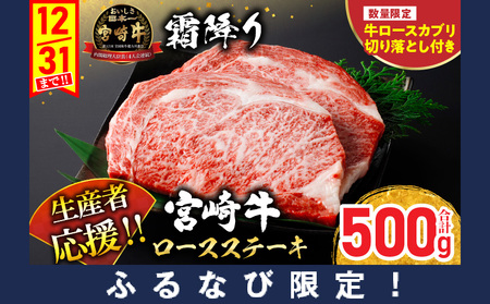 【ふるなび限定】生産者応援 宮崎牛 ロースステーキ 2枚(計500g) 牛ロースカブリ 切り落とし 霜降り サーロイン リブロース 牛肉 黒毛和牛 ミヤチク 国産 焼肉 BBQ おかず 人気 おすすめ ギフト 贈り物 冷凍 宮崎県 日南市 送料無料 FN-Limited_C119-24-ZO