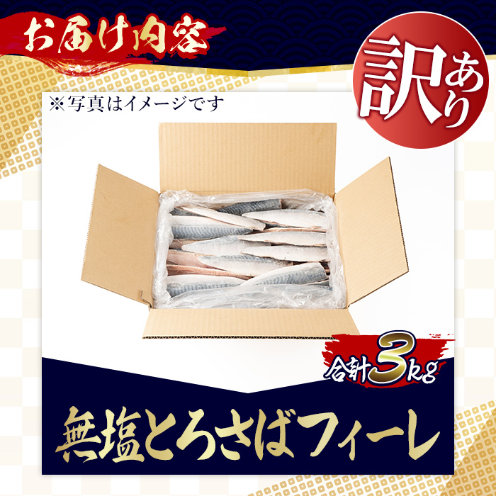 No.1383-C 訳あり！無塩とろさばフィーレ(約3kg) 干物 さば サバ 鯖 魚介類 魚 訳アリ 人気 フィレ 不揃い 冷凍 切り身 切身 おかず 惣菜 お弁当 無塩 便利 【みのだ食品】