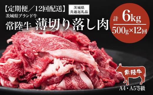 【12ヶ月定期便】常陸牛A4・A5規格　薄切り落し肉 500g＜離島・沖縄配送不可＞【茨城県共通返礼品】【 牛肉 常陸牛 肉 ブランド肉 和牛 切り落とし 薄切り すきしゃぶ しゃぶしゃぶ 牛丼 煮物 茨城県産 国産 地産地消 料理 冷凍 人気 おすすめ 茨城県 つくば市 定期便 】