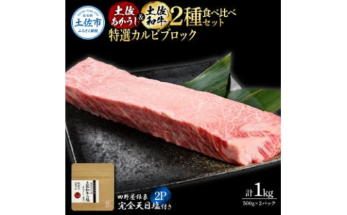 土佐あかうし＆土佐和牛2種食べ比べ 特選カルビブロック500g 計2P 田野屋銀象完全天日塩2P付 牛肉 肉 お肉 和牛 国産 牛 赤身 ヒレ カルビ ロース【株式会社LATERAL】 [BQAU072]