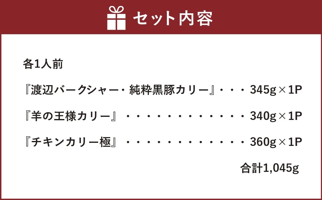 最高峰 トップ･オブ･すぱいす 『渡辺バークシャー ・ 純粋黒豚カリー』 『羊の王様カリー』 『チキンカリー極』 各1人前