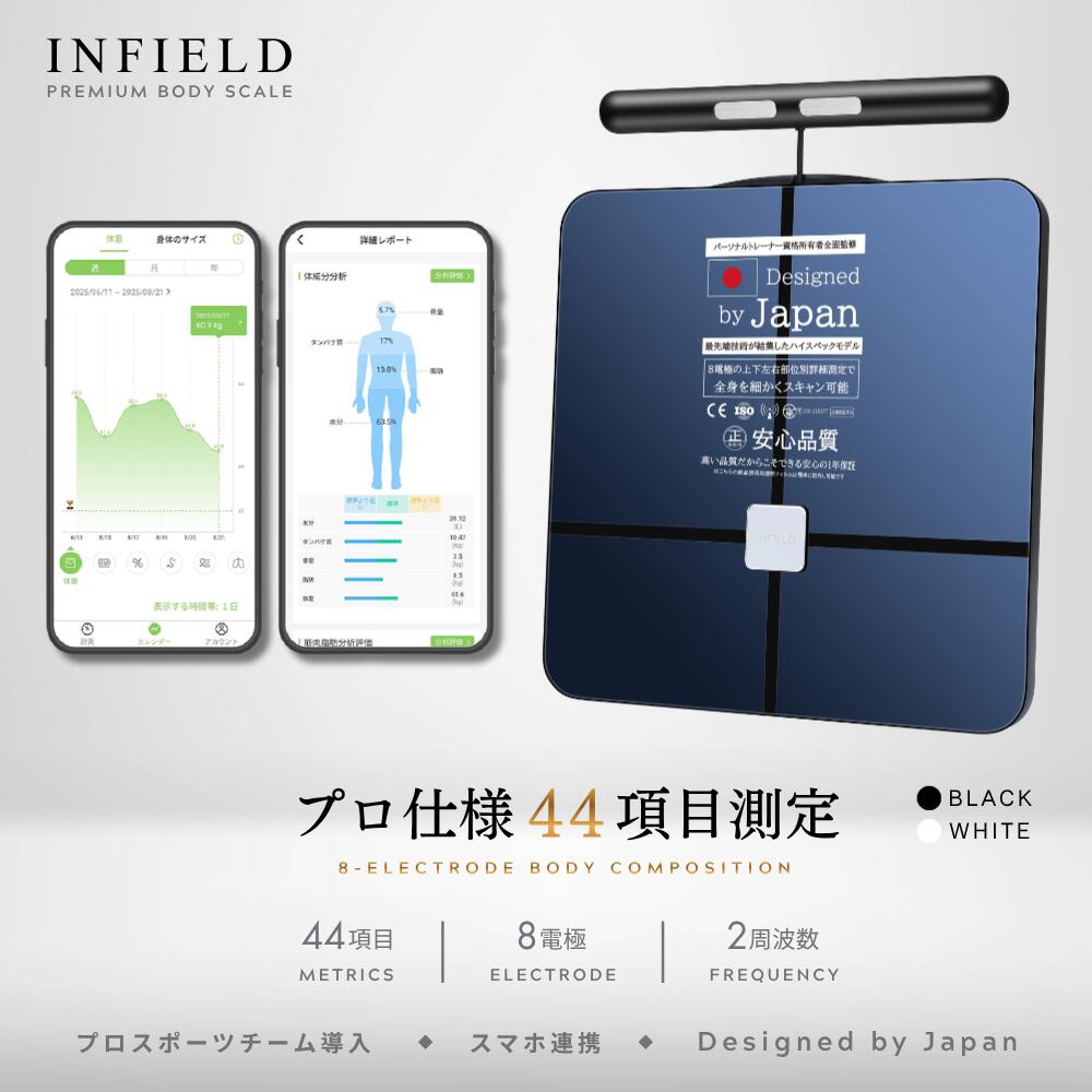 【ふるさと納税】【選べるカラー】INFIELD「AI×体重計」プレミアム【最大1年保証】 ｜ 体組織計 最先端技術 デュアル周波数搭載 ジムレベルの44項目全身スキャン Bluetooth スマホ 連動 体脂肪計 体脂肪率 水分率 基礎代謝 体脂肪 ヘルスメーター 黒 白