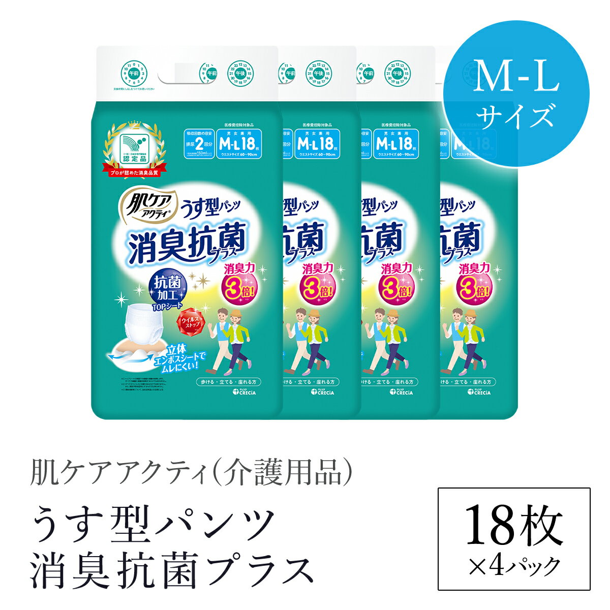 【ふるさと納税】肌ケアアクティ　うす型パンツ消臭抗菌プラス　M-Lサイズ18枚×4パック（介護用品）/ 大人用紙おむつ おむつ オムツ 介護おむつ 介護オムツ 介護用 紙パンツ 介護 パンツタイプ うす型パンツ 日用品 消耗品 備蓄 防災 大容量 防災用品 クレシア FCAS016
