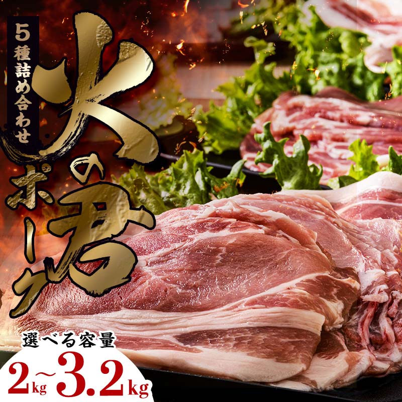 【ふるさと納税】《容量が選べる》 【数量限定】熊本県産 火の君ポーク® 5種詰合せ 約2kg／約3.2kg 豚こま 豚コマ ロース バラ 肉 豚肉しゃぶしゃぶ 生姜焼き 豚汁 弁当 焼肉 ストック 便利 FK7-0020var