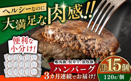 【全3回定期便】【蝦夷鹿×牧草牛×放牧豚】ハンバーグ 15個  鹿肉 牛肉 豚肉 小分け 冷凍 北海道 [AXBP035]