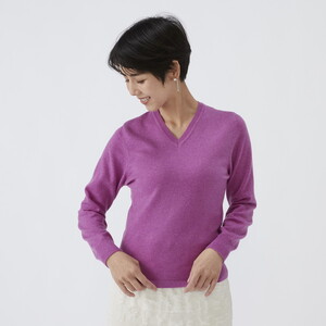 日本製 カシミヤ100% レディース Vネック パープル