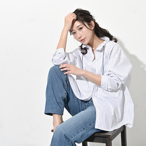 【THE INDUSTRY WORKS】ベーシックスタンドカラーシャツ（オフ×ネイビー）・1着　TIW-W036（74-28-OFNV） レディース カジュアルシャツ