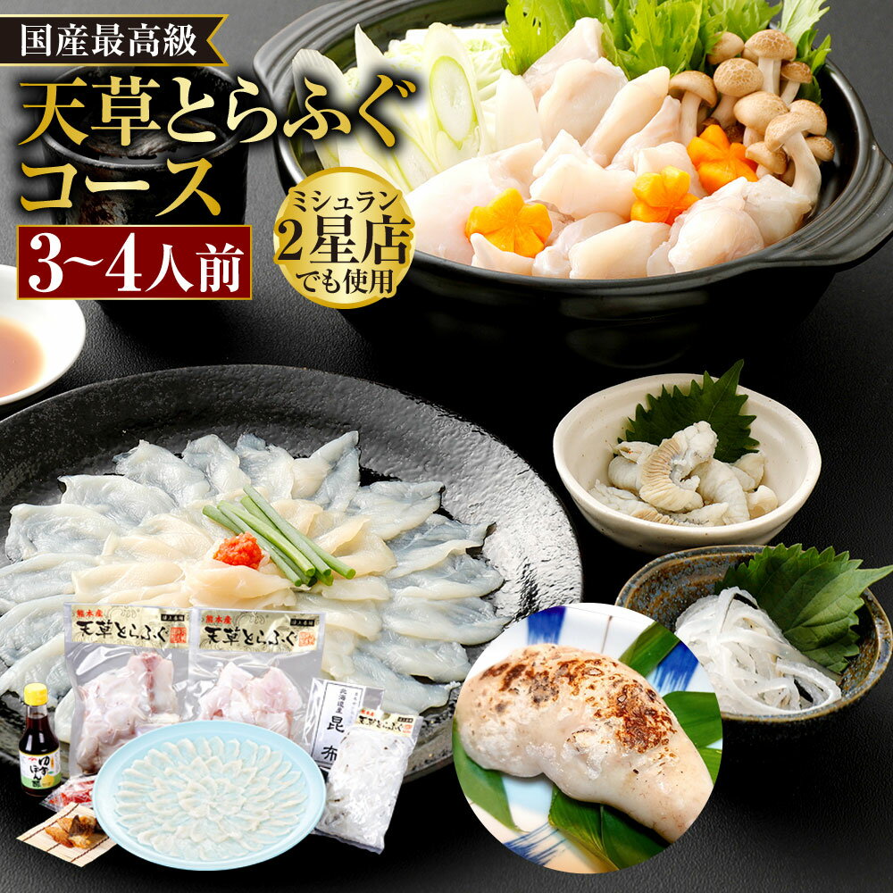 【ふるさと納税】【白子付】【大皿】国産最高級!!天草とらふぐコース 3～4人前 ふぐ 虎河豚 河豚 とらふぐ 魚介 魚貝類 切身 切り身 白子 刺し身 刺身 さしみ 皮 ふぐ皮 アラ 焼きひれ 焼ひれ 詰合せ 詰め合わせ 九州 熊本県 送料無料 【2025年12月上旬発送開始】