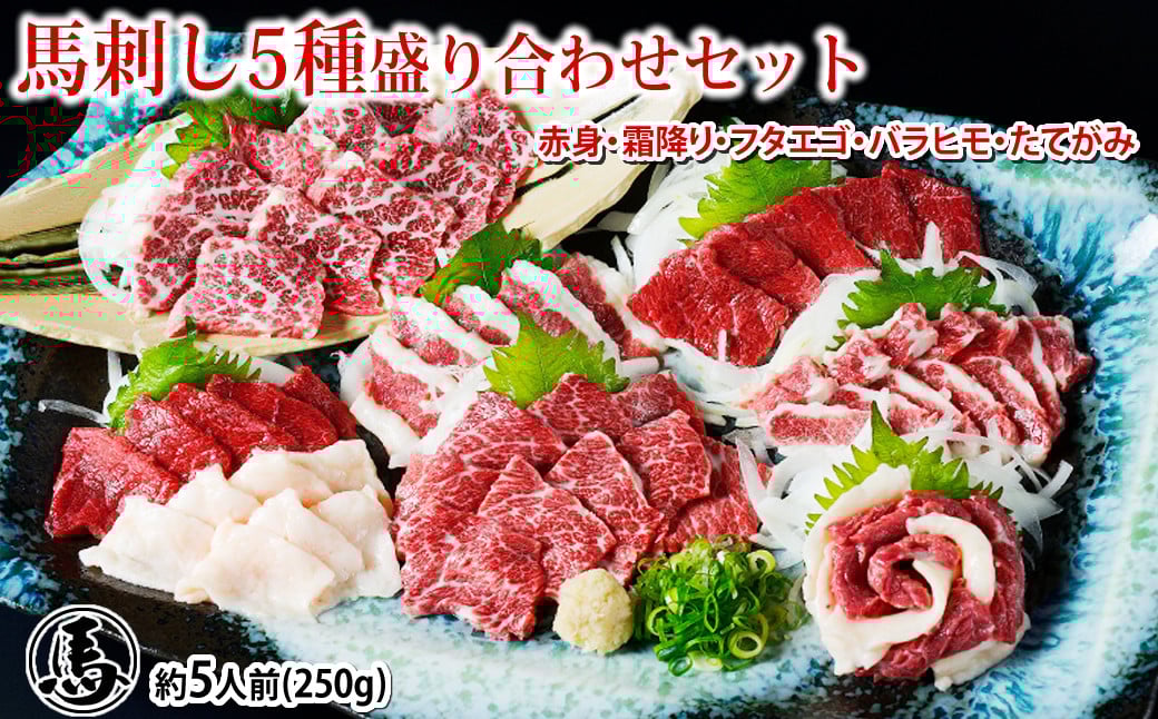 
            馬刺し 5種 盛り合わせセット 5人前 約250g 熊本直送 馬肉 肉 赤身 霜降り バラヒモ フタエゴ コーネ 冷凍 益城町
          