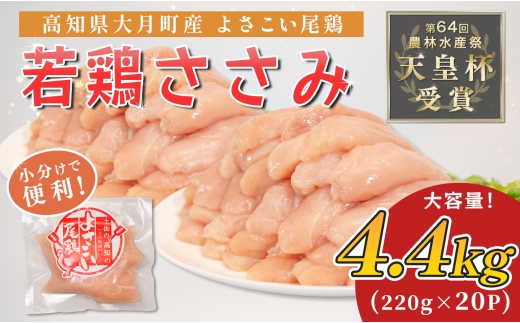 若鶏 ささみ 4.4kg (220g×20P) よさこい尾鶏｜鶏ささみ ササミ 鶏肉 国産 ブランド鶏 銘柄鶏 高知県産 小分け ヘルシー 高たんぱく ササミフライ 低脂質 ダイエット 和え物 サラダ 個包装 真空 冷凍 骨なし 配達日指定可 大月町