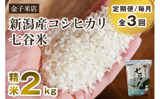 【令和7年産新米】【定期便3回毎月お届け】老舗米穀店が厳選 新潟産 従来品種コシヒカリ「七谷米」精米2kg 〈順次出荷〉 白米 窒素ガス充填パックで鮮度長持ち 金子米店 定期便