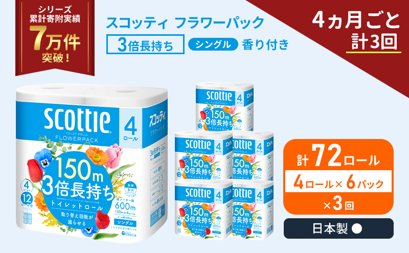 定期便 トイレットペーパー シングル フラワーパック 3倍長持ち 72ロール (4ロール×6パック) 《4ヶ月ごと計3回》香り付き スコッティ トイレットペーパーシングル スコッティ3倍長持ち 長持ち 防災 災害 生活用品 生活必需品 宮城県 岩沼市