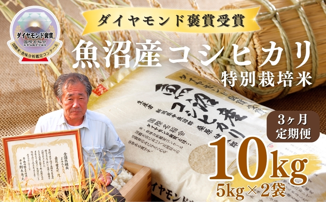 
                  【令和8年産先行予約】【3ヶ月定期便】魚沼産コシヒカリ 10kg(5kg×2袋) 特別栽培米 ダイヤモンド褒賞受賞 |  新潟産コシヒカリ 新潟県産コシヒカリ 魚沼産こしひかり 米 お米 こしひかり 白米 精米 ブランド米 最高級 新潟県 津南町
                
