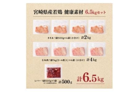 鶏肉 【宮崎県産若鶏3種】ささみ・むね・レバー6.5kg 小分け 鶏肉