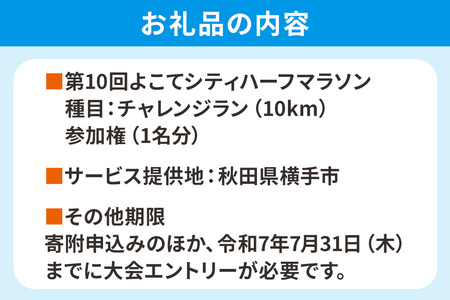 よこてシティハーフマラソン チャレンジラン（10km）出走権 1名様分 令和7年9月28日開催 横手市市制施行20周年記念 第10回 レターパックライト