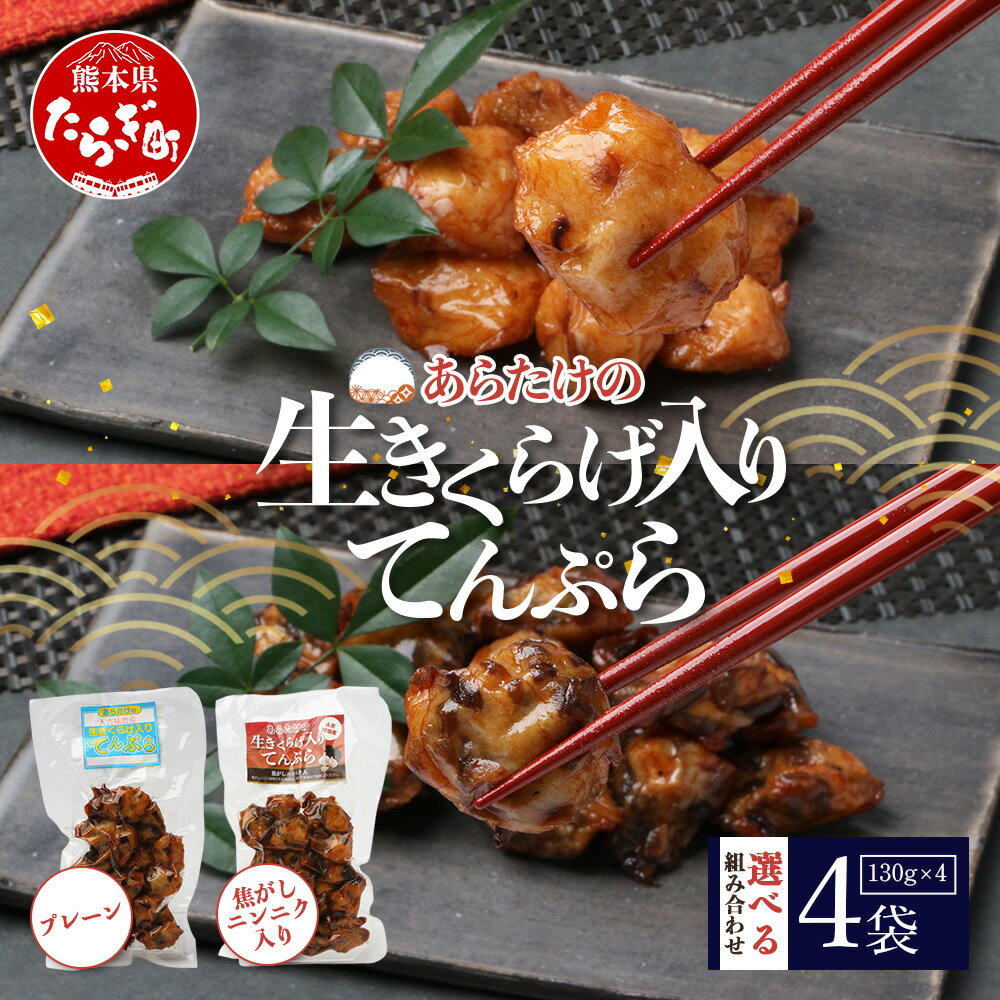 【ふるさと納税】2025年 熊本グッドプロダクト賞 受賞！ あらたけの 生きくらげ入りてんぷらセット～焦がしニンニク入 プレーン 130g×4パック 組み合わせ 選べる 老舗蒲鉾店 蒲鉾 かまぼこ 生キクラゲ 練り物 魚介 魚 熊本県 多良木町 球磨郡