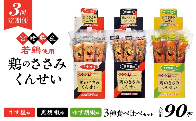 
                  【3回定期便】鶏のささみくんせい 3種食べ比べ 30本セット ＜うす塩・黒胡椒・ゆず胡椒 ＞ おつまみ スモーク チキン 燻製【雲海物産】_A0114-211
                