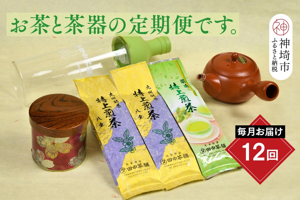 【毎月お届け12回】特上煎茶八重100g2本と季節の茶100g1本(急須付き) 【定期便 九州 お茶 緑茶 急須 フィルターインボトル 定期便】(H047124)