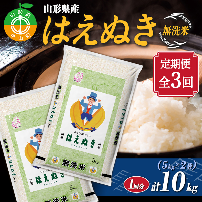 【定期便】【令和7年度産】 山形県産　はえぬき無洗米 5kg×2袋計10kg×3回 ≪2025年10月より順次発送≫ ブランド米 こめ ご飯 ごはん 白米 毎月届く エコ 節水 便利 F4A-0509
