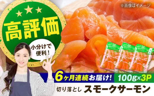 【全6回定期便】サーモン 鮭 スモークサーモン  （切り落とし）100ｇ×3パック 滋賀県長浜市/株式会社中村屋[AQAJ036] サーモン 鮭 スモークサーモン スモークサーモン 鮭 燻製 刺身 お取り寄せ グルメ 贅沢 魚介類 前菜 おつまみ 高級 サラダ シーフード クリームチーズ サンドイッチ 海鮮セット パーティー用 人気 プレゼント ギフト 贈答