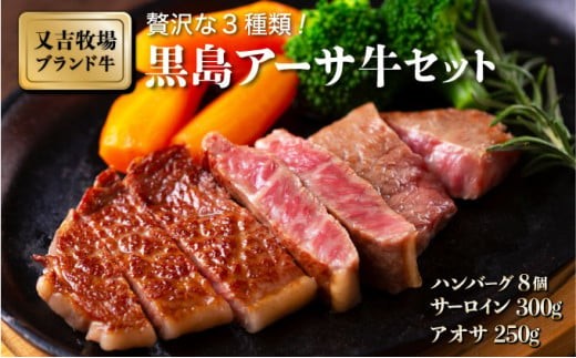 
                  黒島アーサ牛セット ( ハンバーグ 150g×8 サーロイン 150g×2 アーサ 250g )
                