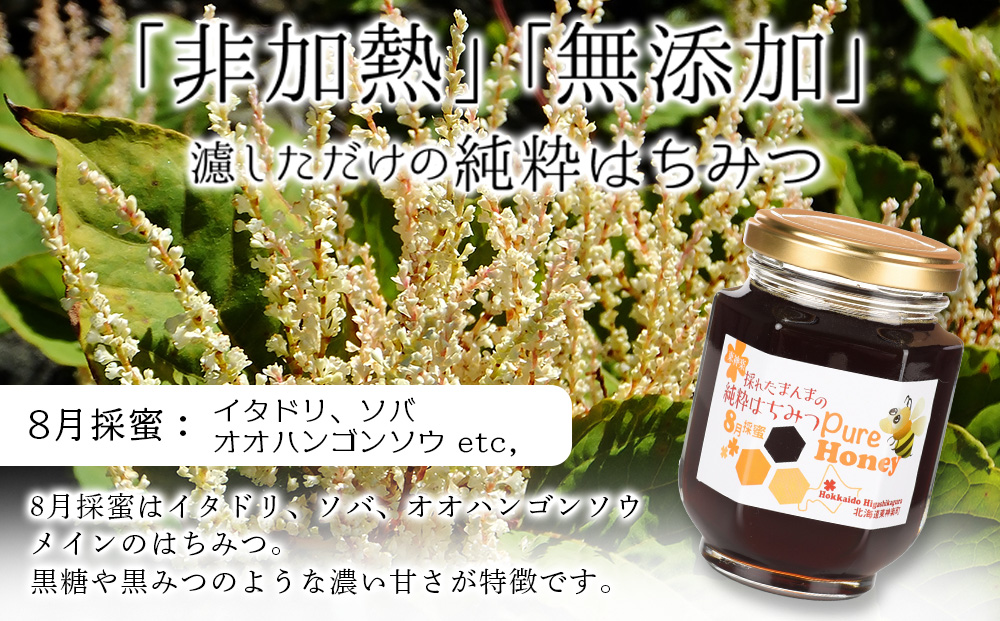 東神楽産採れたまんまの純粋はちみつ 240ｇ2個【8月採密】イタドリ・オオハンゴンソウ・ソバ  etc.