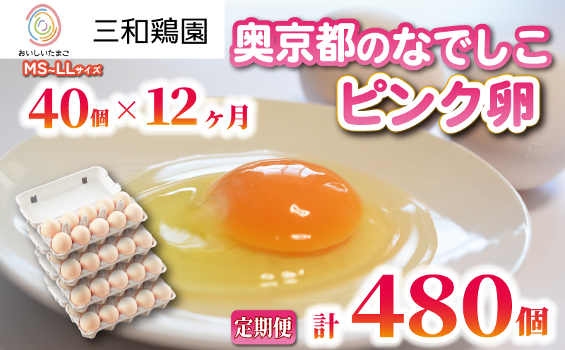 【12ヵ月定期便】奥京都の撫子たまご 40個×12ヶ月(割れ保証10個) 三和鶏園 MS～LLサイズ/ FCDZ007   卵 たまご タマゴ 濃い ピンクの卵 ピンク卵 玉子 セット 玉子焼き 卵焼き 卵かけご飯 ゆで卵 鶏卵 卵黄 玉子スープ 玉子サンド 玉子焼き 玉子丼 ふるさと納税卵 ふるさと納税たまご ふるさと納税玉子 日用品 消耗品 tamago 生卵 国産 まとめ買い オムレツ 卵かけご飯 たまご焼き 贈答 贈答用 プレゼント ギフト