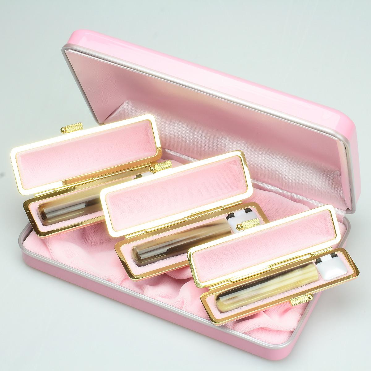 【ふるさと納税】【選べるサイズ】オランダ水牛印鑑3本とピンクケースセット 保管ケース付き はんこ 判子 印鑑セット ギフト　新潟県 阿賀野市