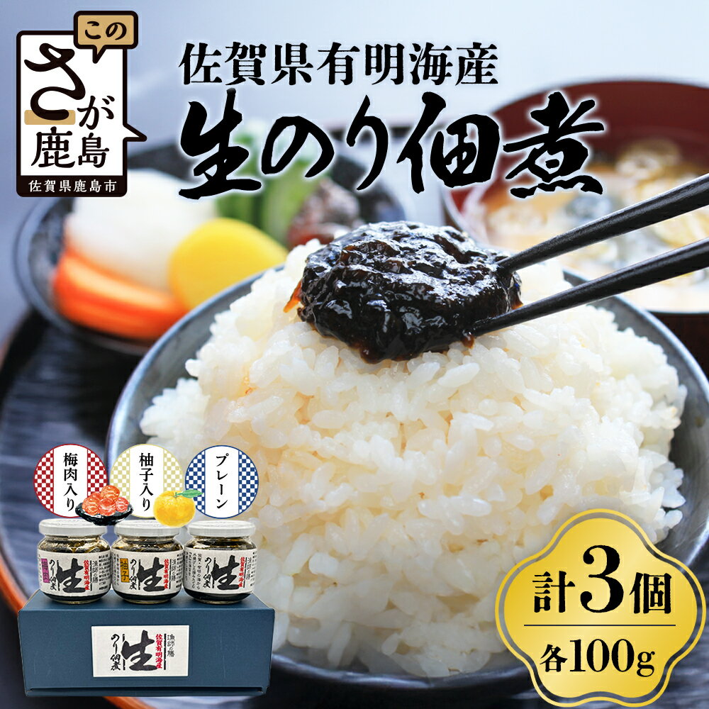 【ふるさと納税】＼3種の風味を食べ比べ！／佐賀海苔 生のり佃煮セット（プレーン・梅・柚子）100g×3個｜有明海の恵み×ご飯がすすむ絶品佃煮｜佐賀県鹿島市産 国産・送料無料 A-2