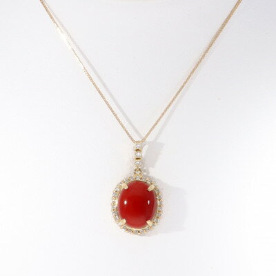 【ふるさと納税】K18イエローゴールド 血赤 珊瑚 オーバル ダイヤ ネックレス【TK-14511】【配送不可地域：離島・沖縄県】【1712575】