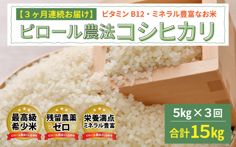 
【3ヶ月連続お届け】ピロール農法 コシヒカリ 5kg（5kg × 1袋）× 3回 計15kg 真空パック [F-08201]
