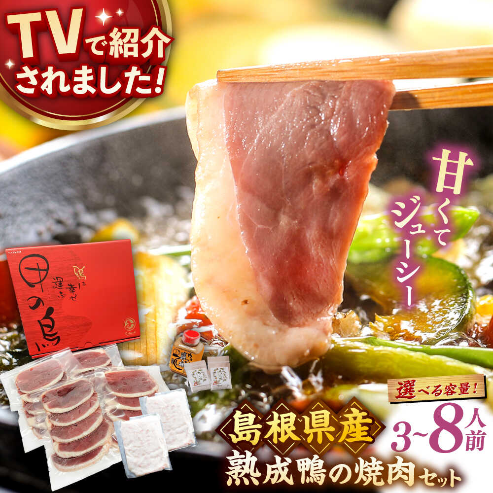 【ふるさと納税】【選べる容量】焼肉 TVで紹介されました！島根県産野草ミネラル熟成鴨の焼肉セット（3〜8人前） 鴨鍋 鴨肉 焼肉 しゃぶしゃぶ 人気 おすすめ 肉 お肉 島根県雲南市/鴨専門店カナール[AIDC001]