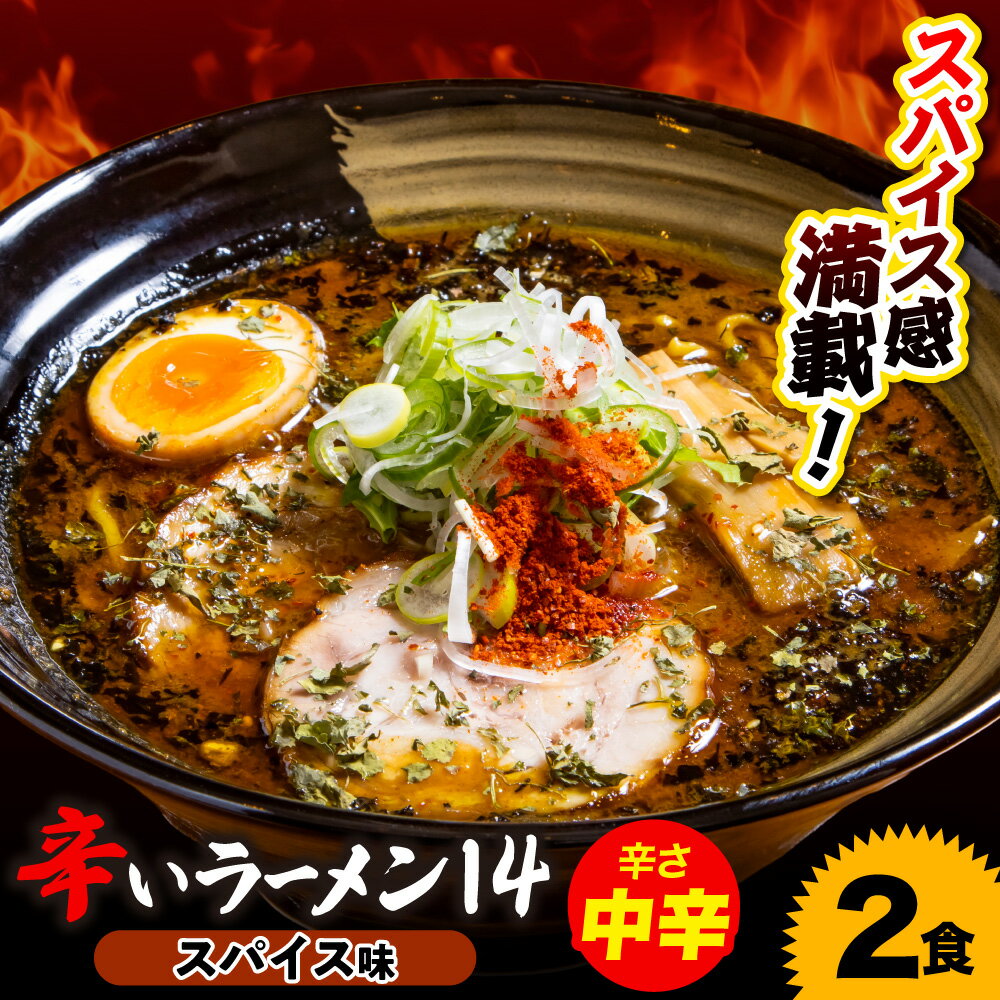 【ふるさと納税】 辛いラーメン14 2食 スパイスラーメン 中辛 北海道産 食材 小麦 特製 スープ 中太ちぢれ麺 コク 旨味 新感覚 具材付き 辛い スパイス ラーメン 冷凍 北海道 札幌市