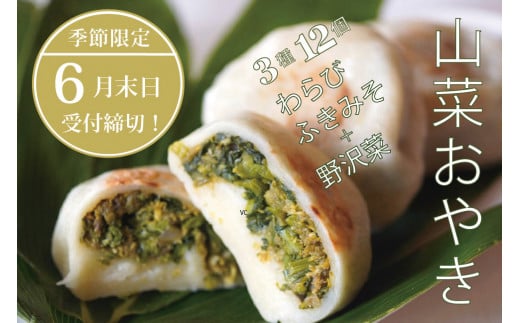 【6月30日まで】手づくり「山菜おやき（3種12個入）」 急速冷凍で旨みを閉じ込めた信州の郷土食 [季節限定 ] ふきみそ、わらび、野沢菜の各4個入り｜長野県信濃町ふるさと納税「こなもん屋ジロー」