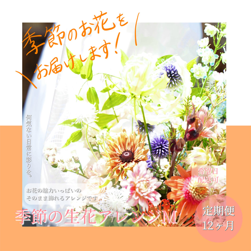 【CF-R5oni】t162tmf　《12ヵ月定期便》おすすめ生花アレンジメントM 定期便 定期コース 全12回 フラワーアレンジメント そのまま飾れる 生花 花束 花 お花 おすすめ 可愛い キレイ おしゃれ 季節のお花 供花 お供え<br>