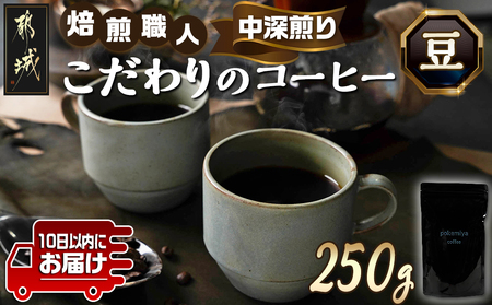 焙煎職人こだわりのコーヒー【豆】250g 小分けパック(ジッパー・バルブ付) ※中深煎り※≪みやこんじょ特急便≫_LA-3303-Q _(都城市) コーヒー豆 250g×1パック 少量パック 保存に便利 ポスト投函 珈琲 