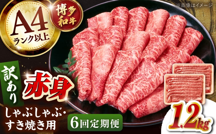 
                  【全6回定期便】【訳あり】A4ランク以上！博多和牛 赤身（肩・モモ）霜降り しゃぶしゃぶ すき焼き用 1.2kg ▼牛肉 牛 定期 定期便 A4 黒毛和牛  桂川町/株式会社 MEAT PLUS [ADAQ136]
                