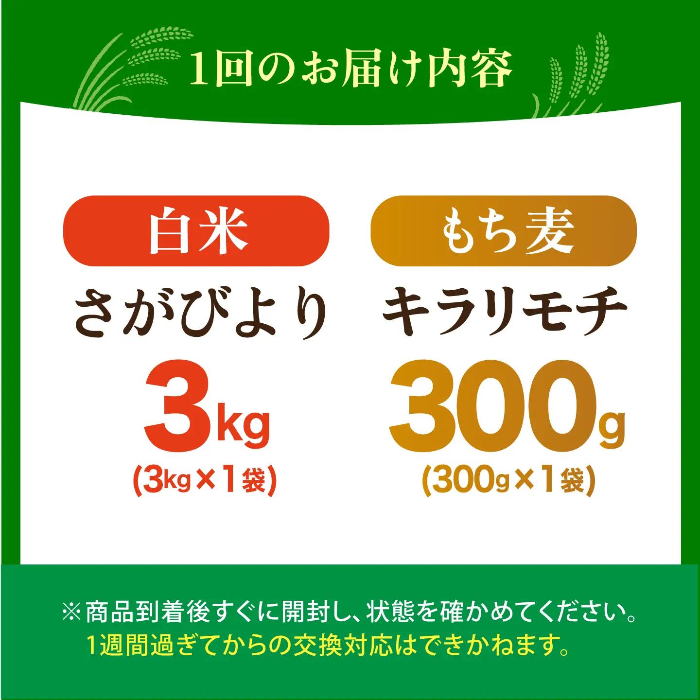 【全6回定期便】白米・もち麦セット（ さがびより3kg ・ キラリモチ 300g ）【大塚米穀店】 麦 もち麦 米 精米[HBL168]