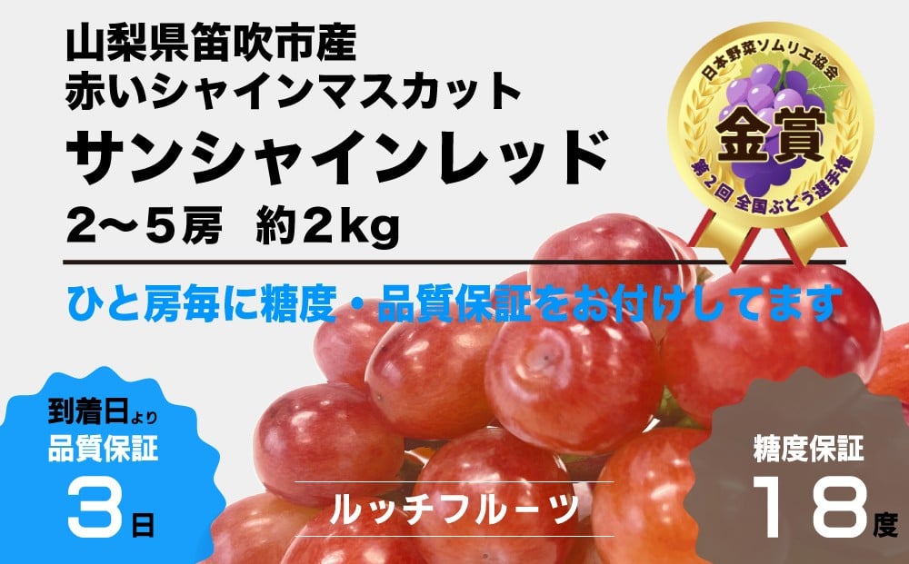 
            【2026年発送★先行予約】サンシャインレッド 約2kg 2～5房『金賞』受賞/全国ぶどう選手権/日テレ「ZIP!」TBS「ひるおび」にて紹介！美味しいフルーツだけをお届け「赤いシャインマスカット」【全房糖度保証付】旬の美味しいフルーツだけをお届けします【ルッチ Rucci】 産地直送 山梨県 笛吹市 果物 葡萄 ぶどう 赤ブドウ 赤系 贈答 人気 ギフト 104-017
          