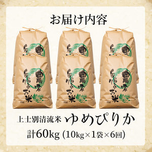 【F7198】《定期便・全6回》上士別清流米 ゆめぴりか (10kg×6回・計60kg) 米 お米 精米 白米 北海道米 ごはん ゆめぴりか 北海道産 士別産 5kg 60kg 定期便 【合同会社T&