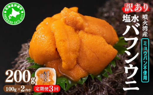 【チョイス限定】＜3ヶ月定期便＞訳あり 北海道 噴火湾産 塩水 バフンウニ 100g 2パック 計200g《アフター保証付き》【ysk-010】うに ウニ 雲丹 海鮮 海の幸 魚介類 ウニ丼 お寿司 濃厚 無添加 産地直送 お取り寄せ 山村水産 送料無料