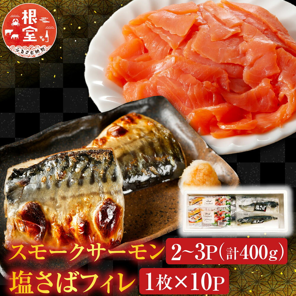 【ふるさと納税】 スモークサーモン 2 ~ 3P ( 計 400g ) ＆塩さばフィレ 1 枚 × 10P 鮭 さけ サケ しゃけ シャケ 魚 さかな サカナ お取り寄せ グルメ 海鮮 塩サバ しおさば くんせい 燻製 北海道 根室市 ふるさと納税 A-09120